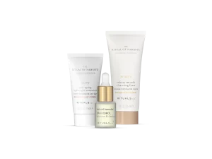 The Ritual of Namaste Daily Routine Skin Care Set lightweight moisturiser 15ml, natural bakuchiol serum 6.5ml, cleansing foam 30ml